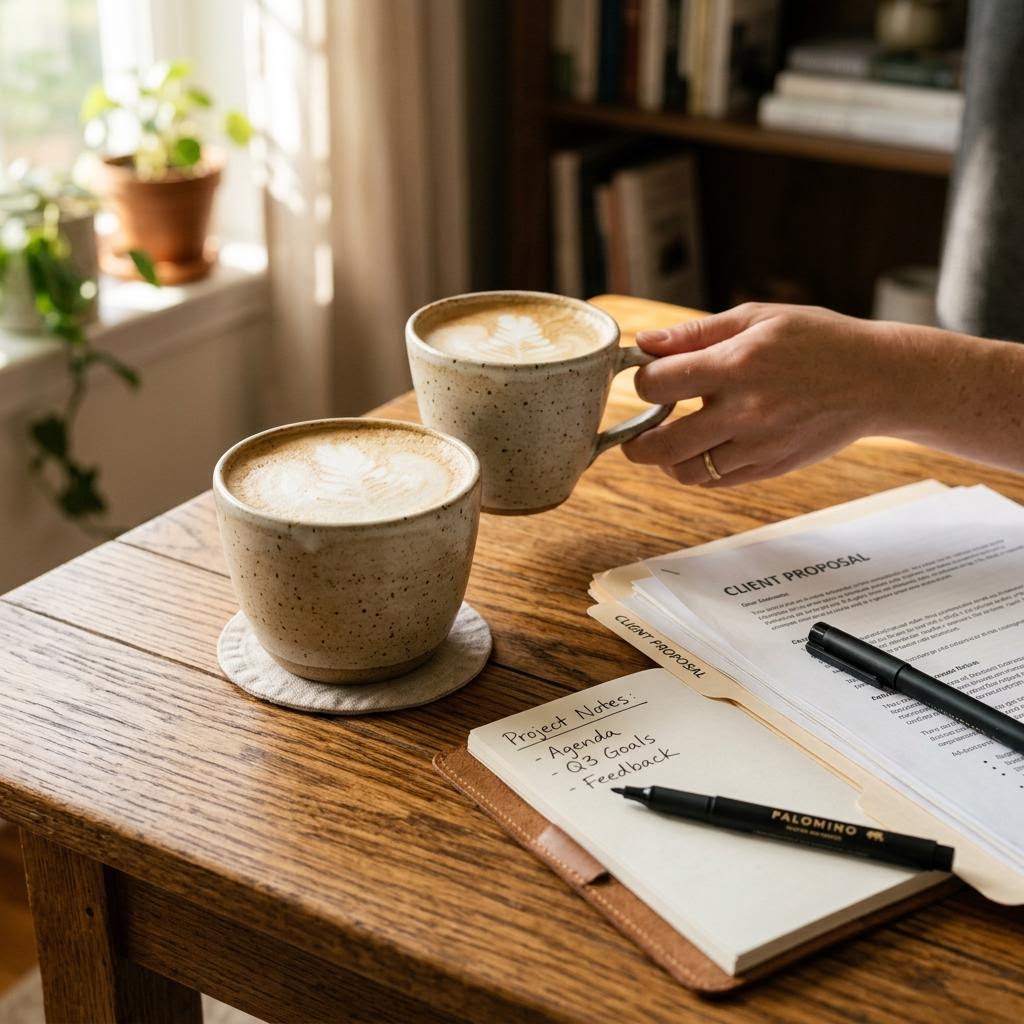 Coffee and organized paperwork
